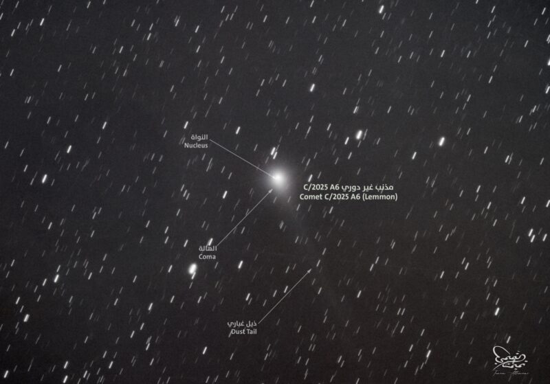Starfield with a comet at center labeled and other nearby stars.