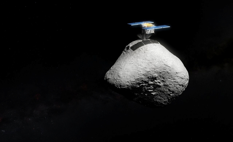 Hayabusa2: A small spacecraft with rectangular solar panels descending onto a much bigger irregular, gray rocky body.