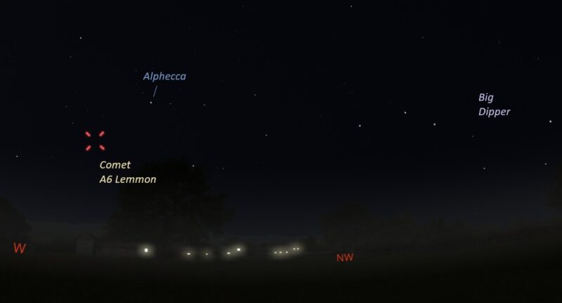 Star chart showing the Big Dipper at right and the comet at left, above the horizon.