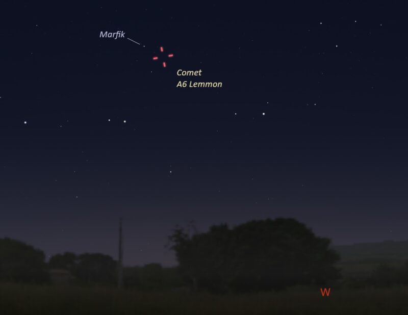 Star chart showing the comet near a star labeled Marfik above the western horizon.