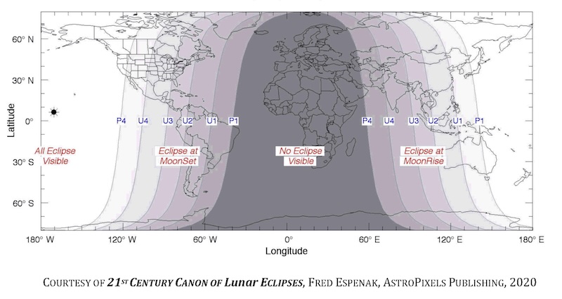Map of the world with gray stripes on each side of a large white area and a gray area marked No Eclipse Visible.
