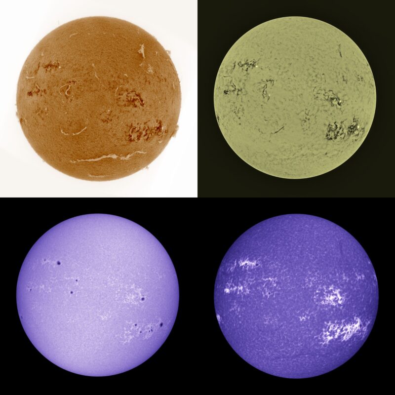 The sun, seen as four spheres, two yellow and two violet.