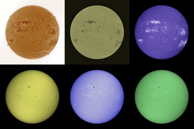 The sun, seen as six spheres in different bright colors.