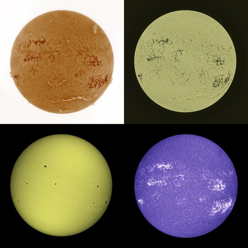The sun, seen as four spheres, three yellow and one violet.
