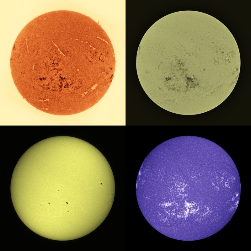 The sun, seen as four spheres, one orange, two yellow and one violet.