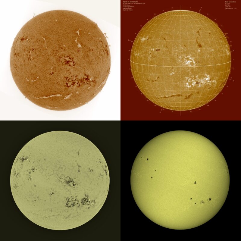 The sun, seen as four yellow spheres.