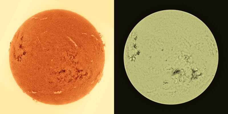 The sun, seen as two colored spheres, both deep yellow.