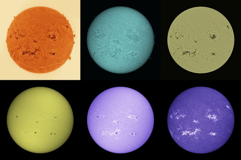 The sun, seen as six spheres in different bright colors.