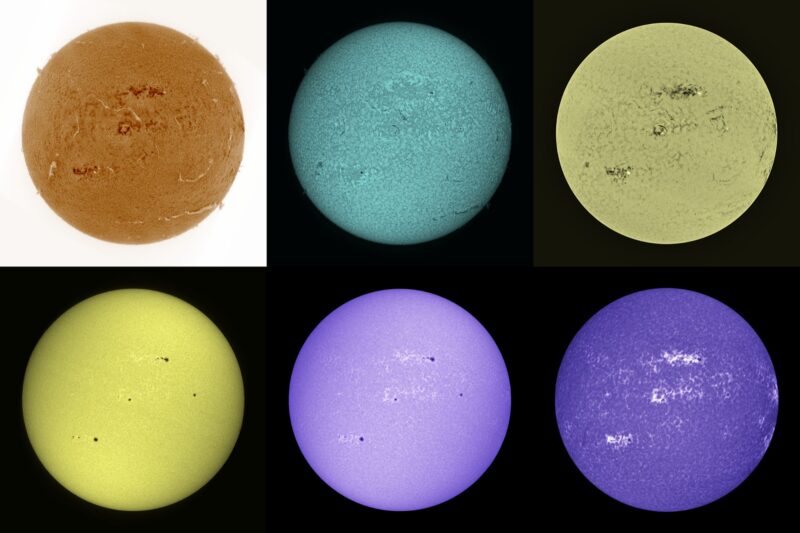 The sun, seen as six spheres in different bright colors.