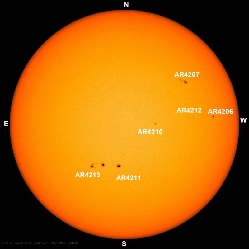 The sun, seen as a large yellow sphere with dark spots, each labeled.