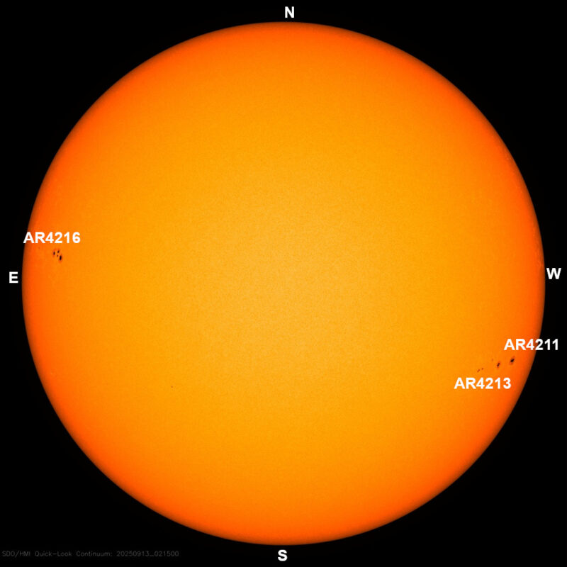 The sun, seen as a large yellow sphere with dark spots, each labeled.