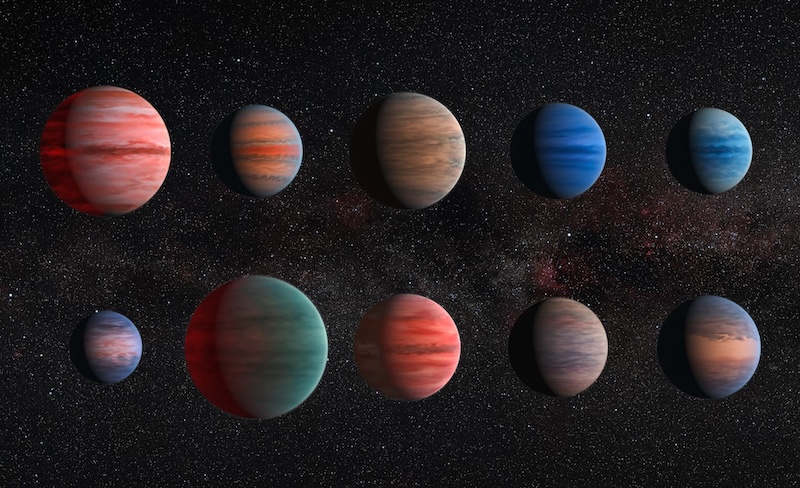 Ten banded planets of different colors and sizes.
