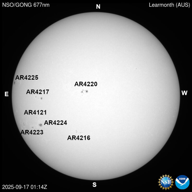 The sun, seen as a large white sphere with dark spots, each labeled.