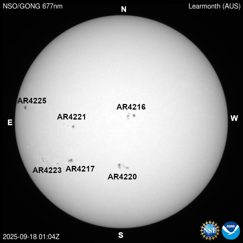 The sun, seen as a large white sphere with dark spots, each labeled.