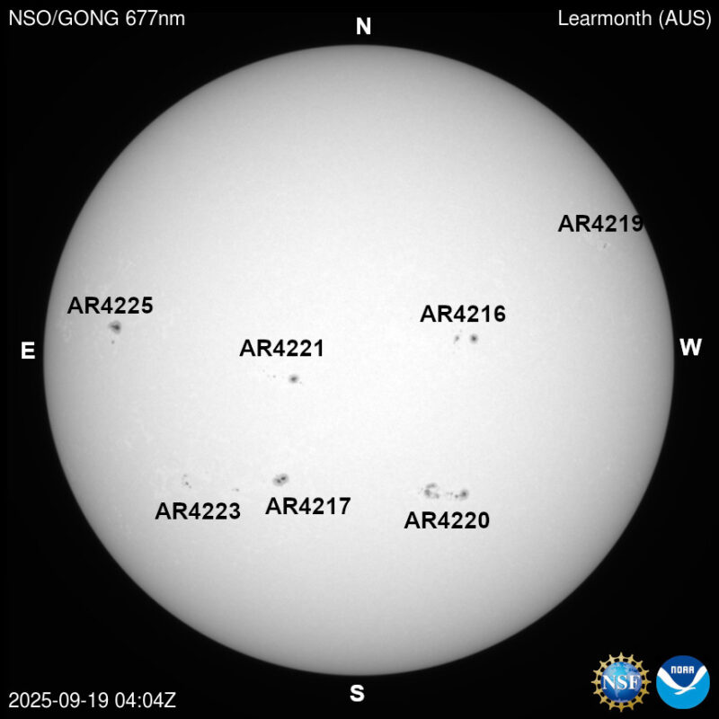The sun, seen as a large white sphere with dark spots, each labeled.