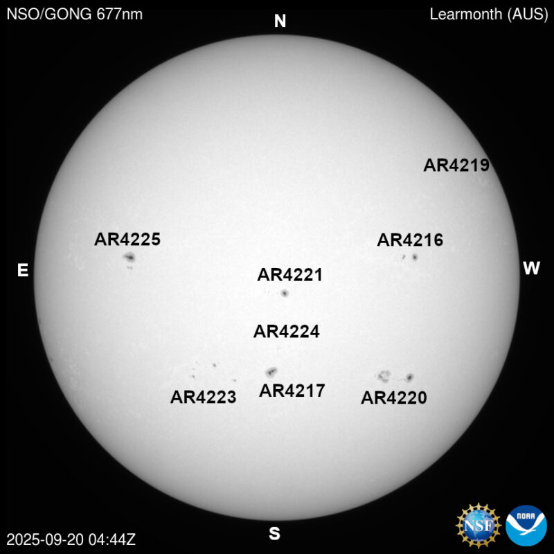 The sun, seen as a large white sphere with dark spots, each labeled.