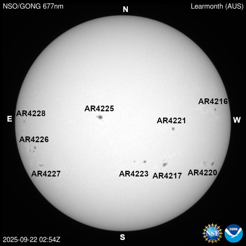 The sun, seen as a large white sphere with dark spots, each labeled.