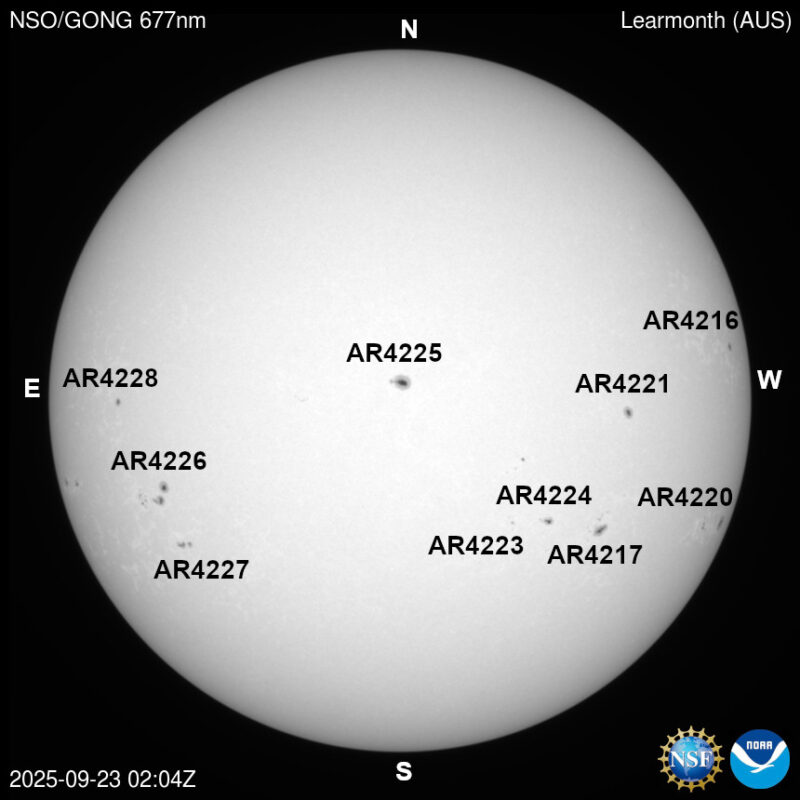The sun, seen as a large white sphere with dark spots, each labeled.