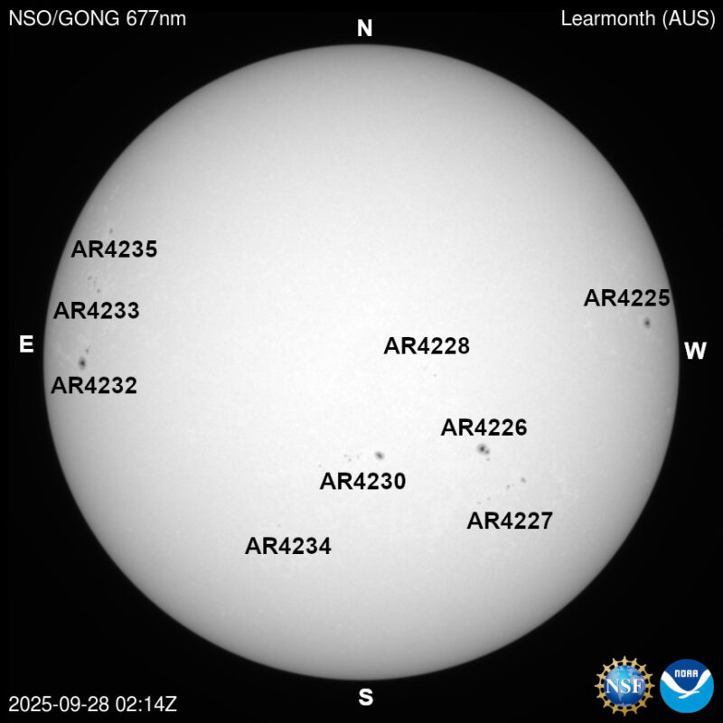 The sun, seen as a large white sphere with dark spots, each labeled.