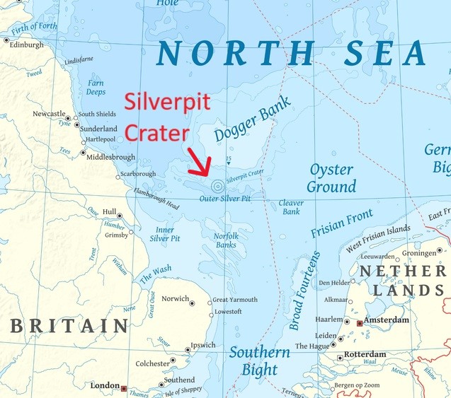 Map of the North Sea with a red arrow pointing to a small set of concentric circles labeled Silverpit Crater.