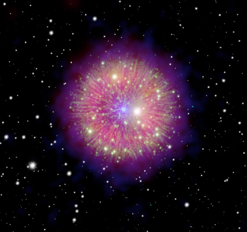 Supernova 1181: Sphere of hundreds of distinct, colorful lines coming from a central point, like a dandelion, with background stars.