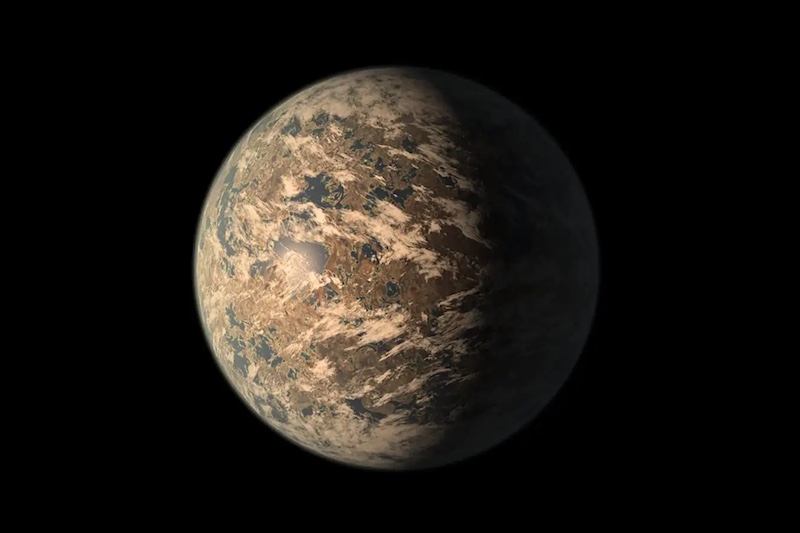Planet in space with small bodies of water and scattered clouds.