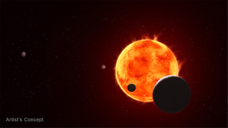 Exoplanet TRAPPIST-1e: Four small planets near a bright reddish sun-like star. A close planet is partly obscuring the star.