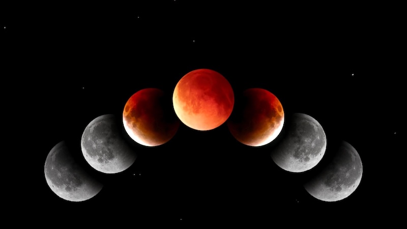 Blood Moon: Composite of seven images of the lunar eclipse from partial to full to partial.
