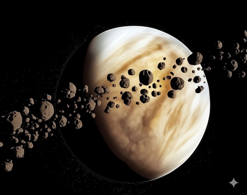 'Invisible' asteroids: Swarm of many dark rocky asteroids near a planet with swirling brownish and whitish clouds.