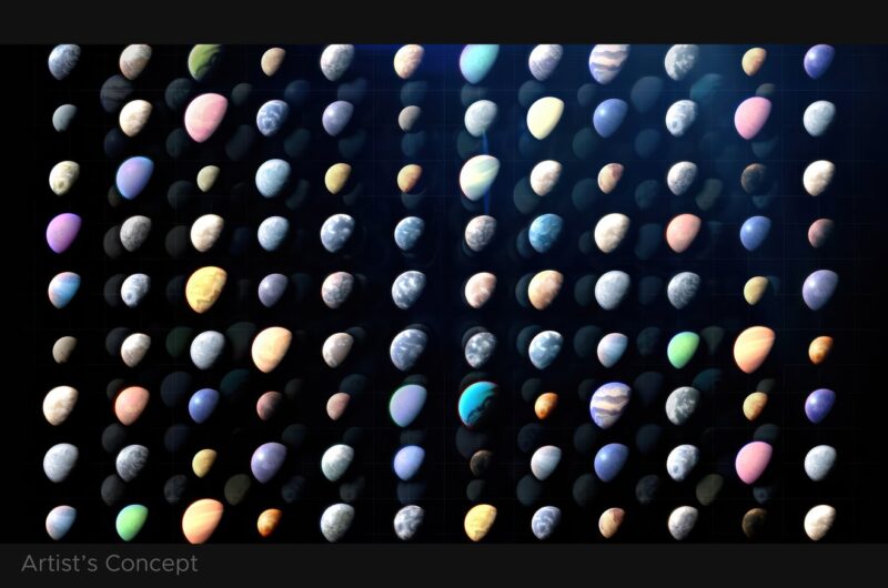 A composite image showing 108 small artist's concepts of exoplanets.