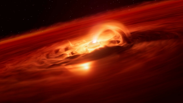 In a glowing rid swirling disk is a bright yellow rogue planet, siphoning material from the disk.