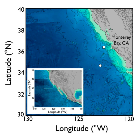 Map showing the west coast of California, near Monterrey Bay. A square and circle where the 3 animals where found.