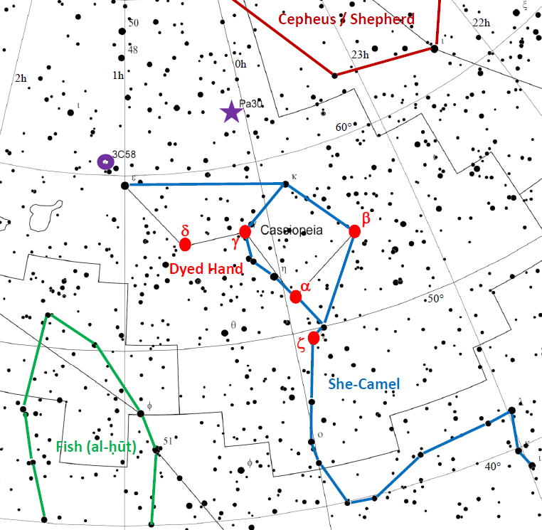 Star chart: stars in black on white. Differently-colored lines outline ancient and modern constellations.