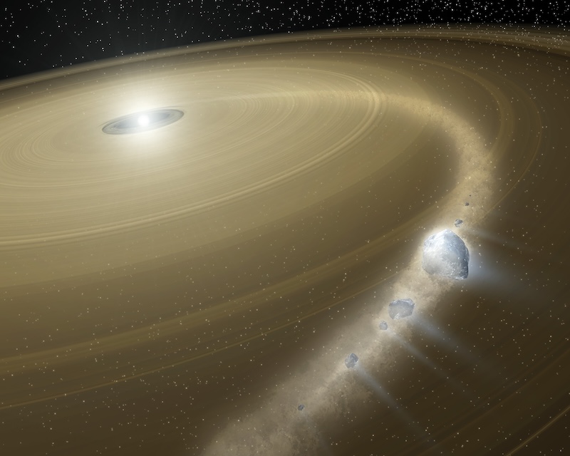 Hungry white dwarf: Small bright white star surrounded by many translucent rings. A trail of irregular rocky objects is being pulled into the star, emitting whitish trails behind them.