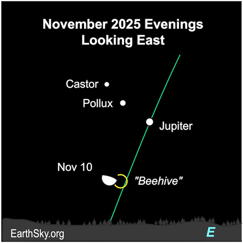 Chart showing a hemisphere, the moon, next to a small circle, representing the Beehive star cluster. Above them lies a large dot, Jupiter and two smaller dots, Castor and Pollux. Below them all is a horizontal wavy line, the horizon.
