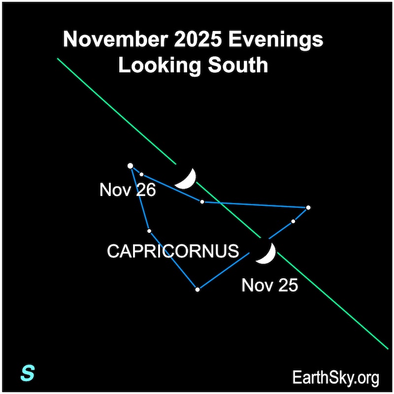 A thick crescent shape, the moon, moves among seven small dots, the constellation Capricornus.
