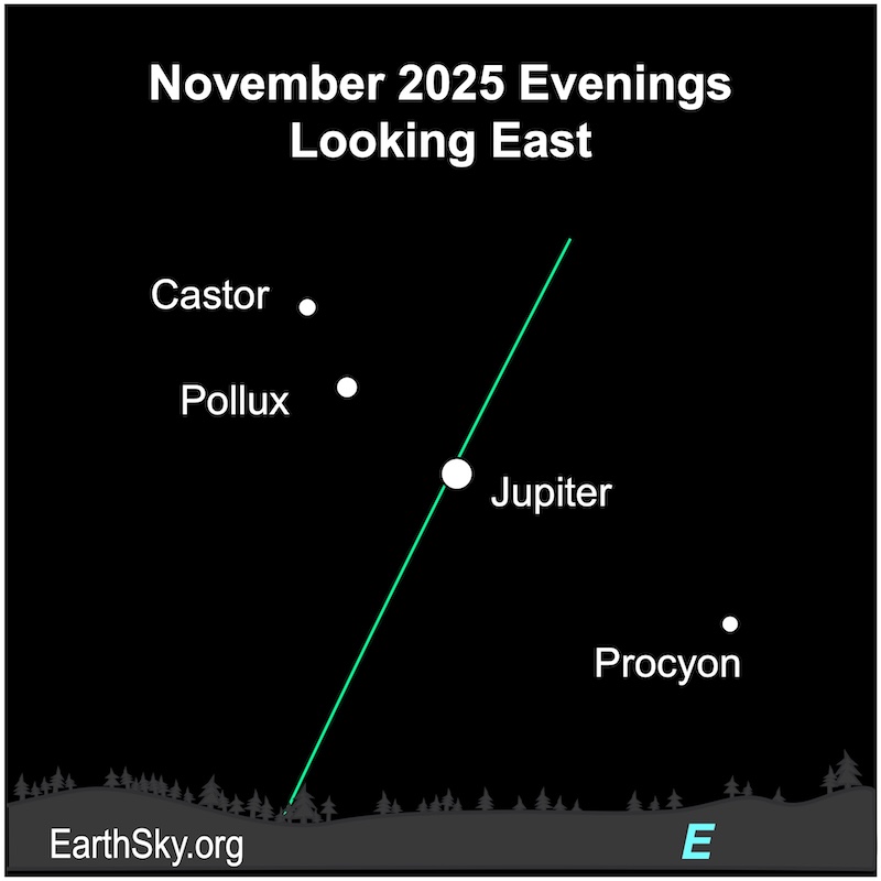 A dot, Jupiter, is between two smaller dots, the stars Castor and Pollux and another dot, the star Procyon. They all lie above a horizontal wavy line, the horizon.
