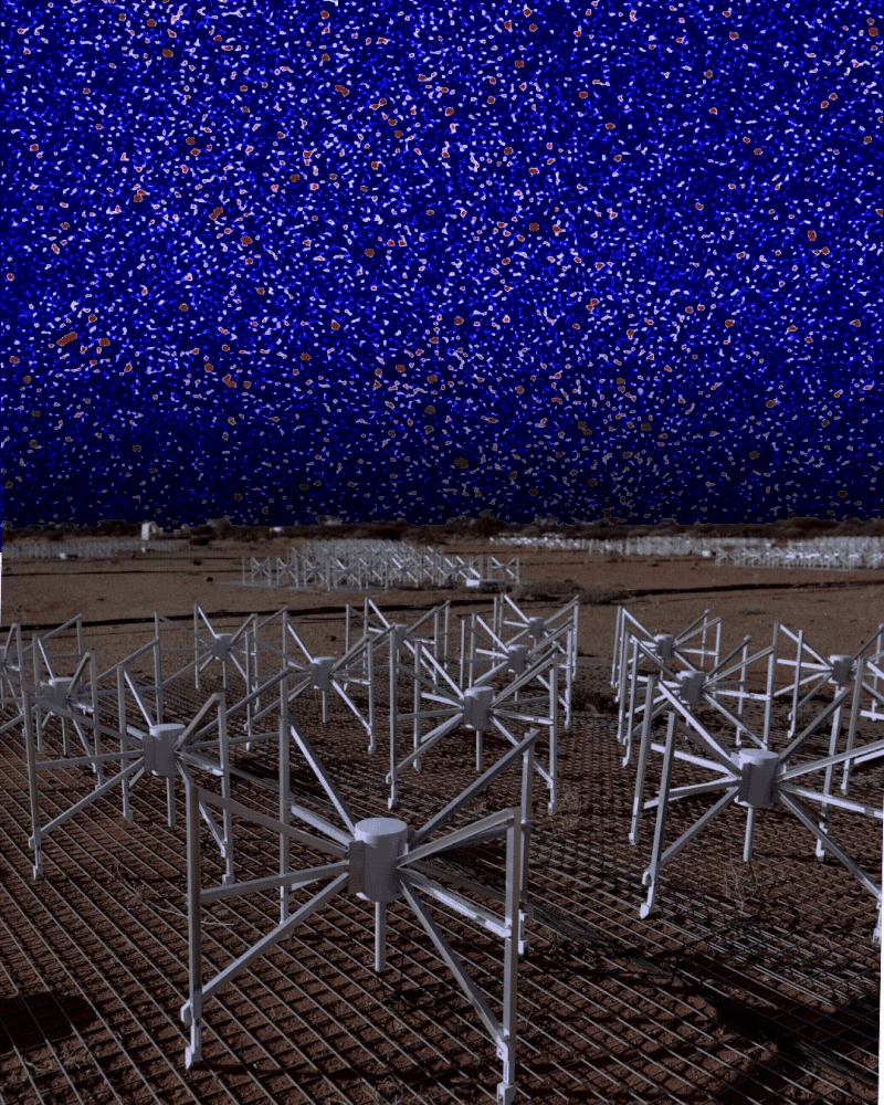 Animation showing the sky. There are many dots and then less dots. In the foreground are metallic structures.