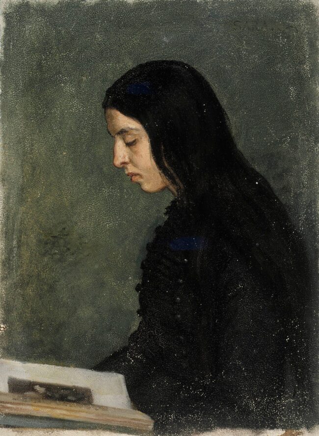 Painting of a woman with long, black hair reading a book.