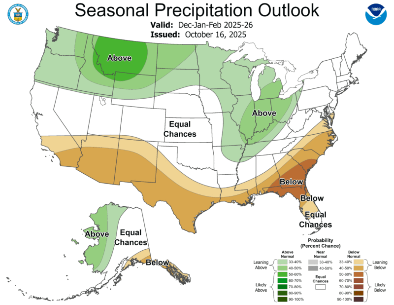 Map of the US with green, white and orange tones indicating precipitation levels.