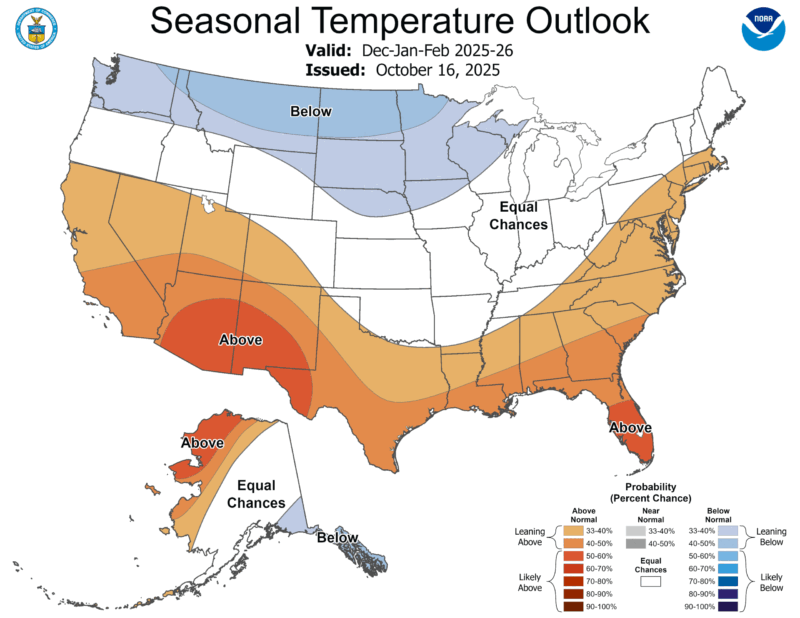 Map of the US with tones of blue to white to red showing temperature.