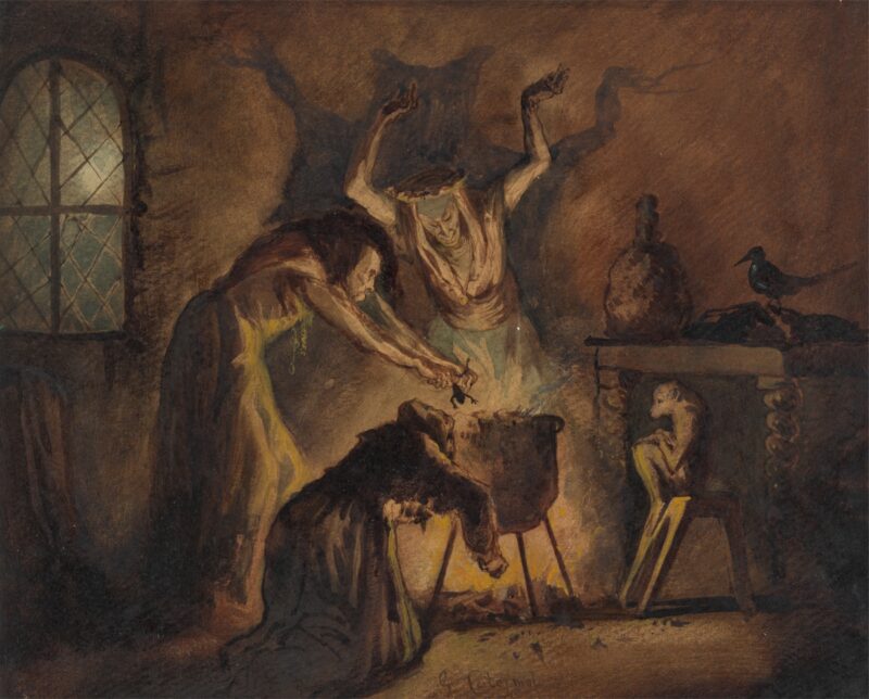 Painting of 3 women around a cauldron. There's a little monkey and a black bird to the right, looking at the cauldron.