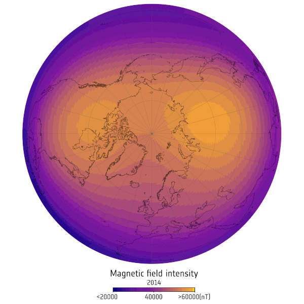 Поглед на мапу која гледа доле на северни пол која приказује наранџасте мрље изнад Сибира и једну мању изнад Канаде.