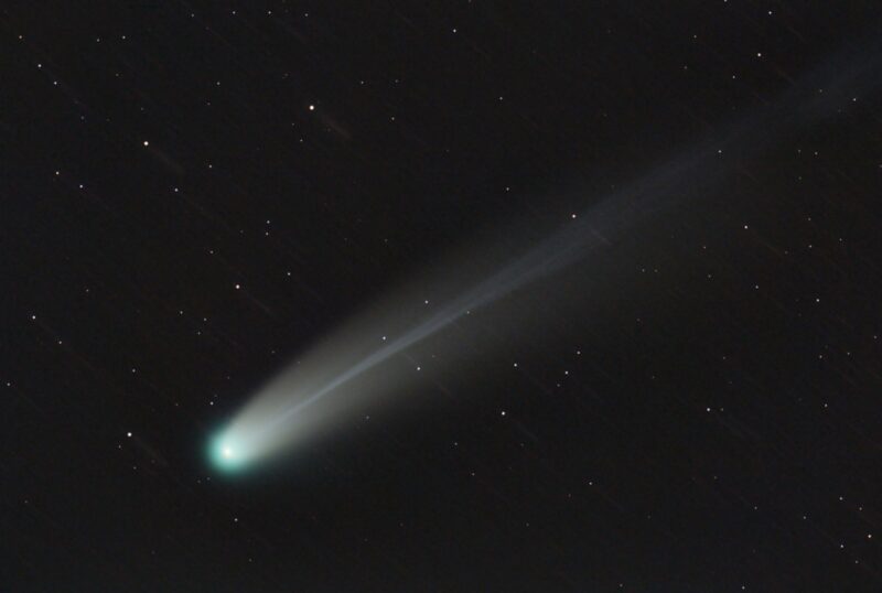 A comet with a greenish head.