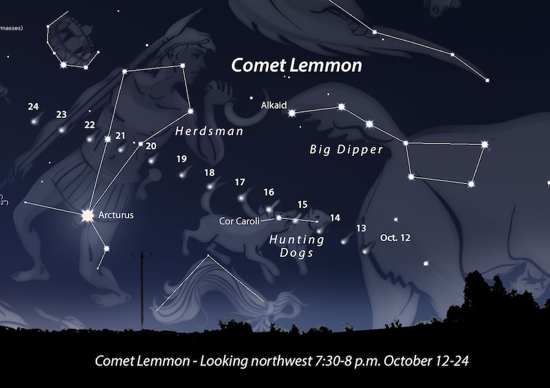 Finder chart showing the position of Comet Lemmon from October 12 to October 24.