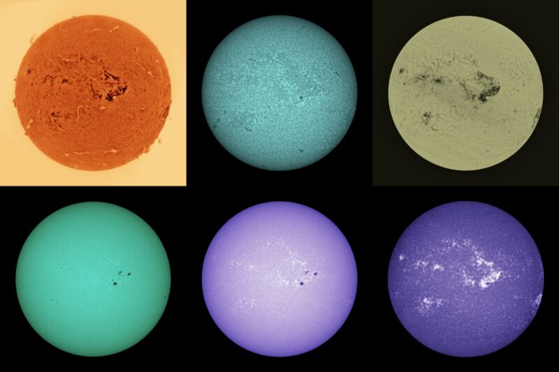 The sun, seen as six spheres in different bright colors.