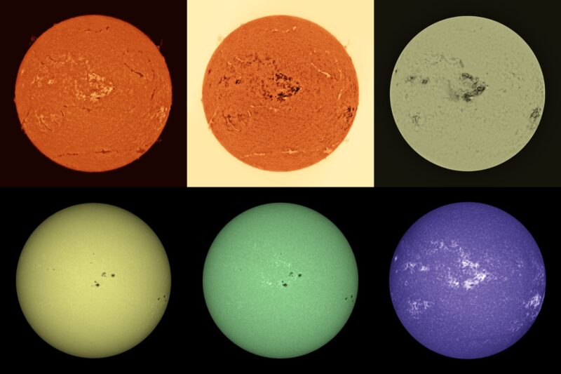 The sun, seen as six spheres in different bright colors.