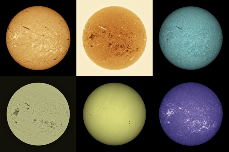 The sun, seen as six spheres in different bright colors.