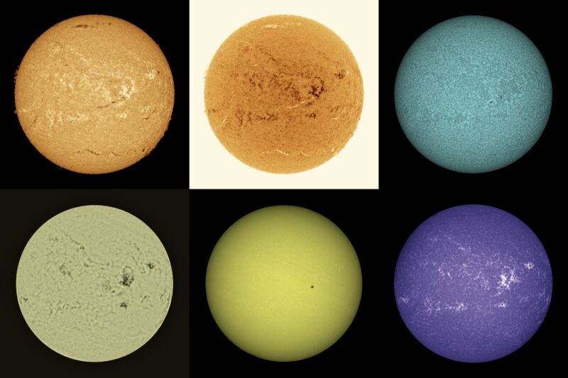 The sun, seen as six spheres in different bright colors.