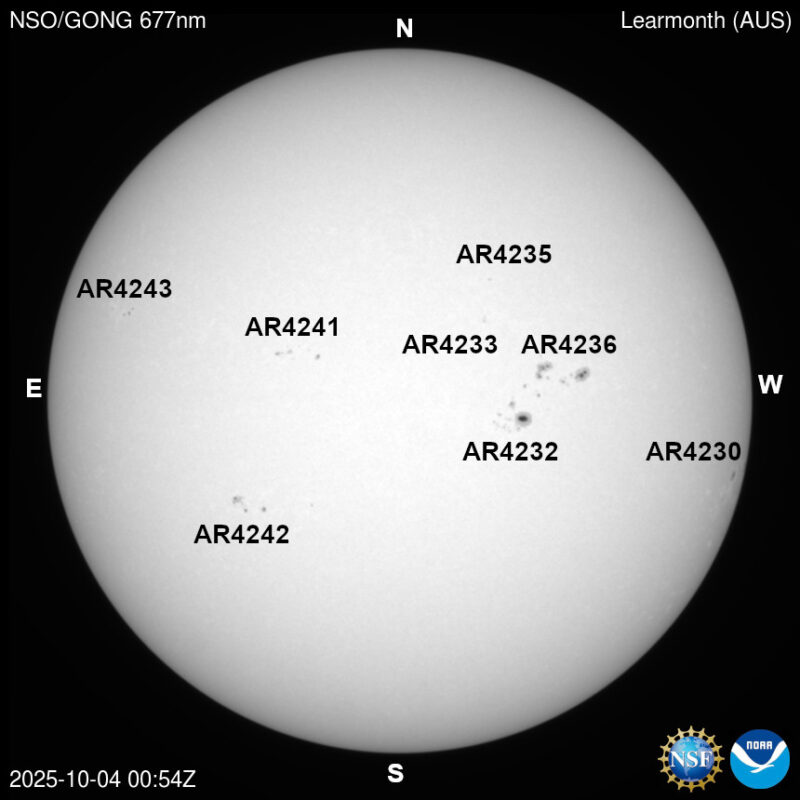 The sun, seen as a large white sphere with dark spots, each labeled.